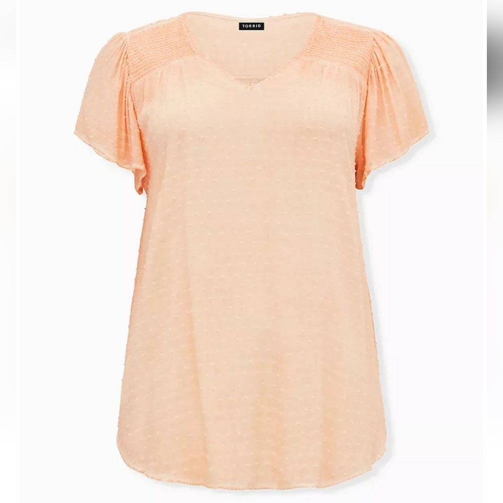 Torrid Swiss Dot Smocked Top V Neck Flutter Sleeves Peach